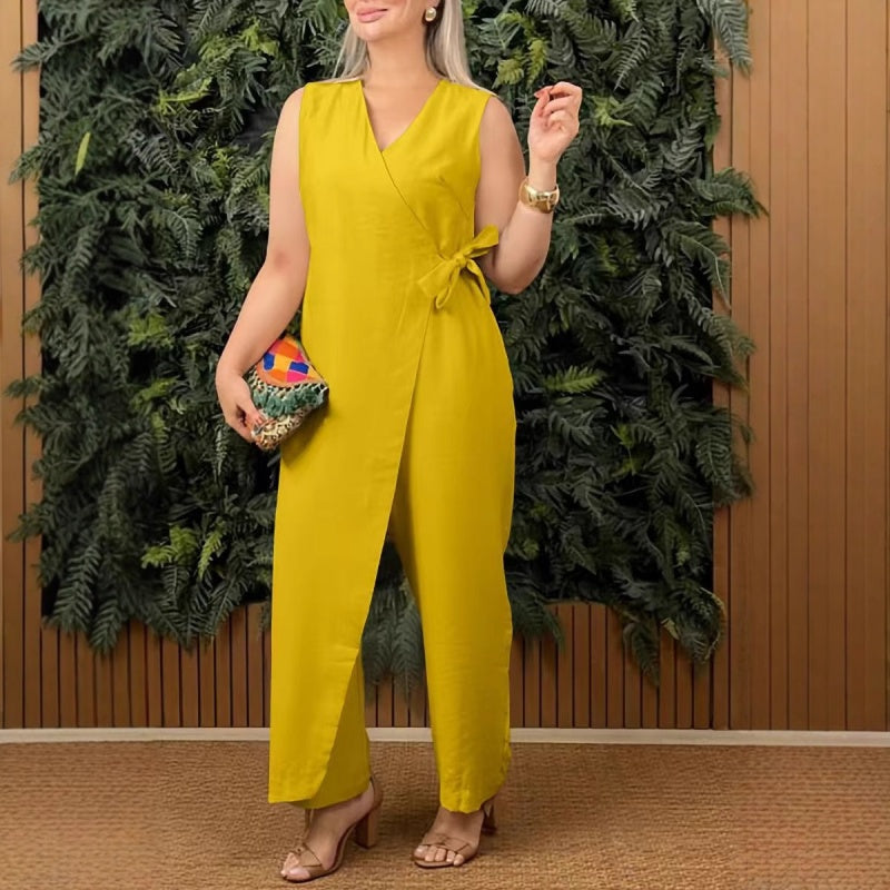 Black sleeveless wrap jumpsuit women's straight-leg V-neck tie waist minimalist one-piece