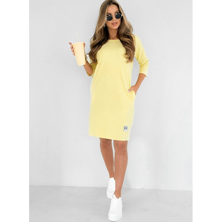 Women's casual sweatshirt mini dress 3/4 sleeve relaxed fit round neckline above-the-knee length