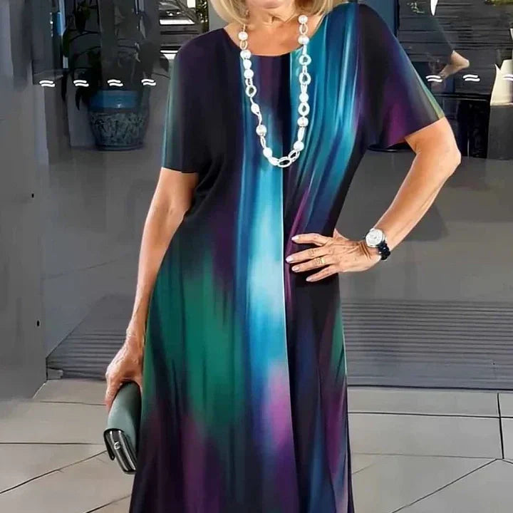 Vivid women's print midi dress short sleeve A-line silhouette bold color-block stripe casual summer style