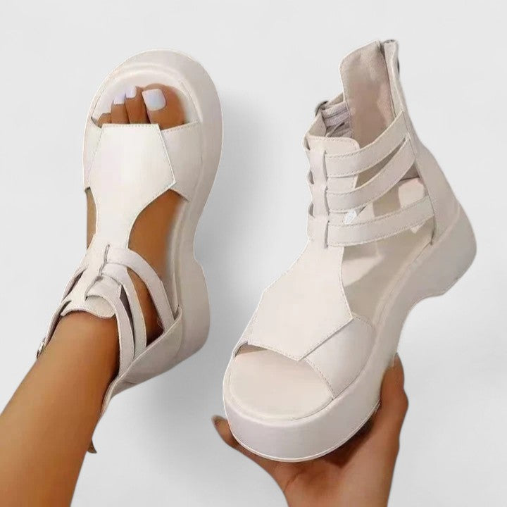 Women's open toe platform sandals with ankle strap, chunky sole, crossed multi-strap design