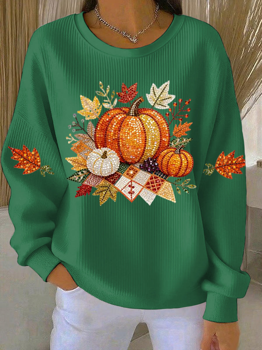 Harvest-themed relaxed-fit sweatshirt in warm autumn tones with festive rustic print for Thanksgiving