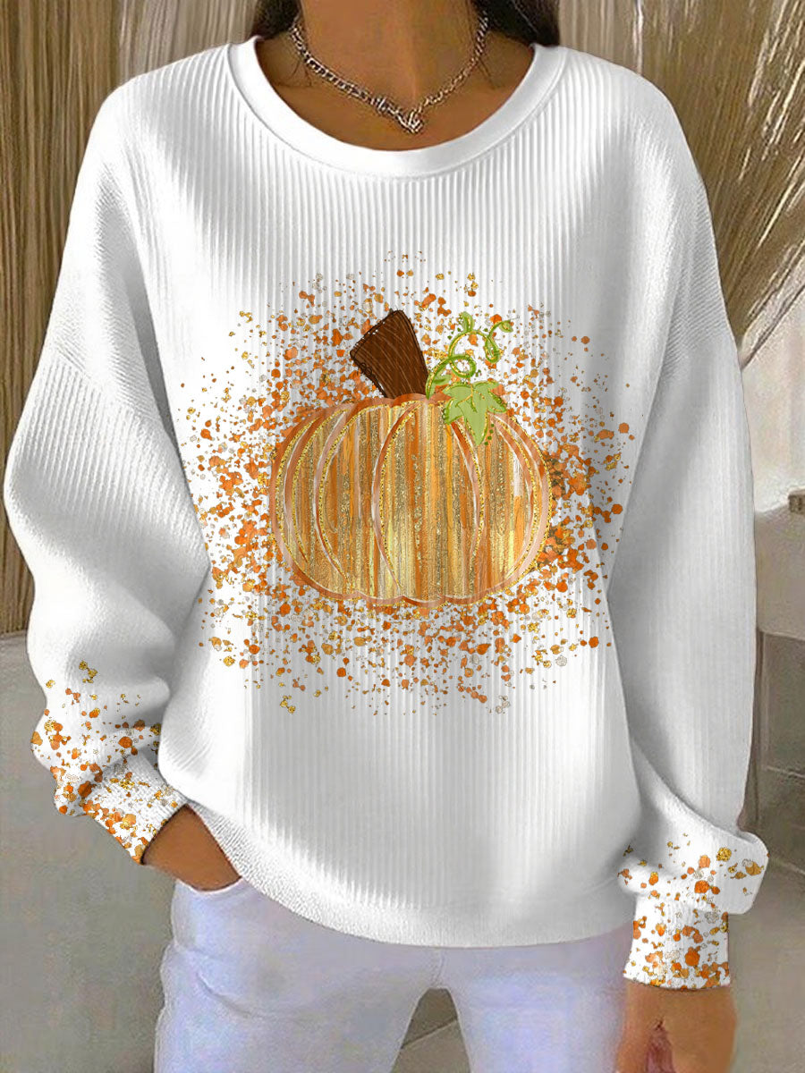 Orange relaxed-fit sweatshirt with charming pumpkin art design, cozy autumn style for women
