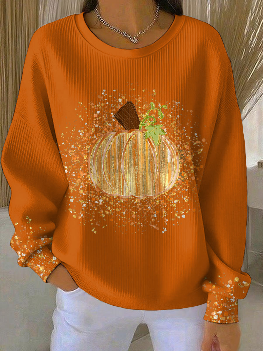 Orange relaxed-fit sweatshirt with charming pumpkin art design, cozy autumn seasonal style