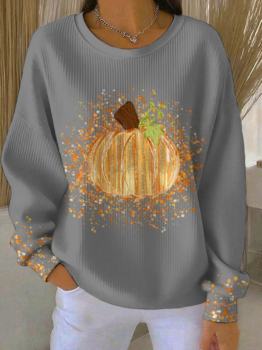 Orange relaxed-fit sweatshirt with charming pumpkin art print, cozy autumn seasonal style