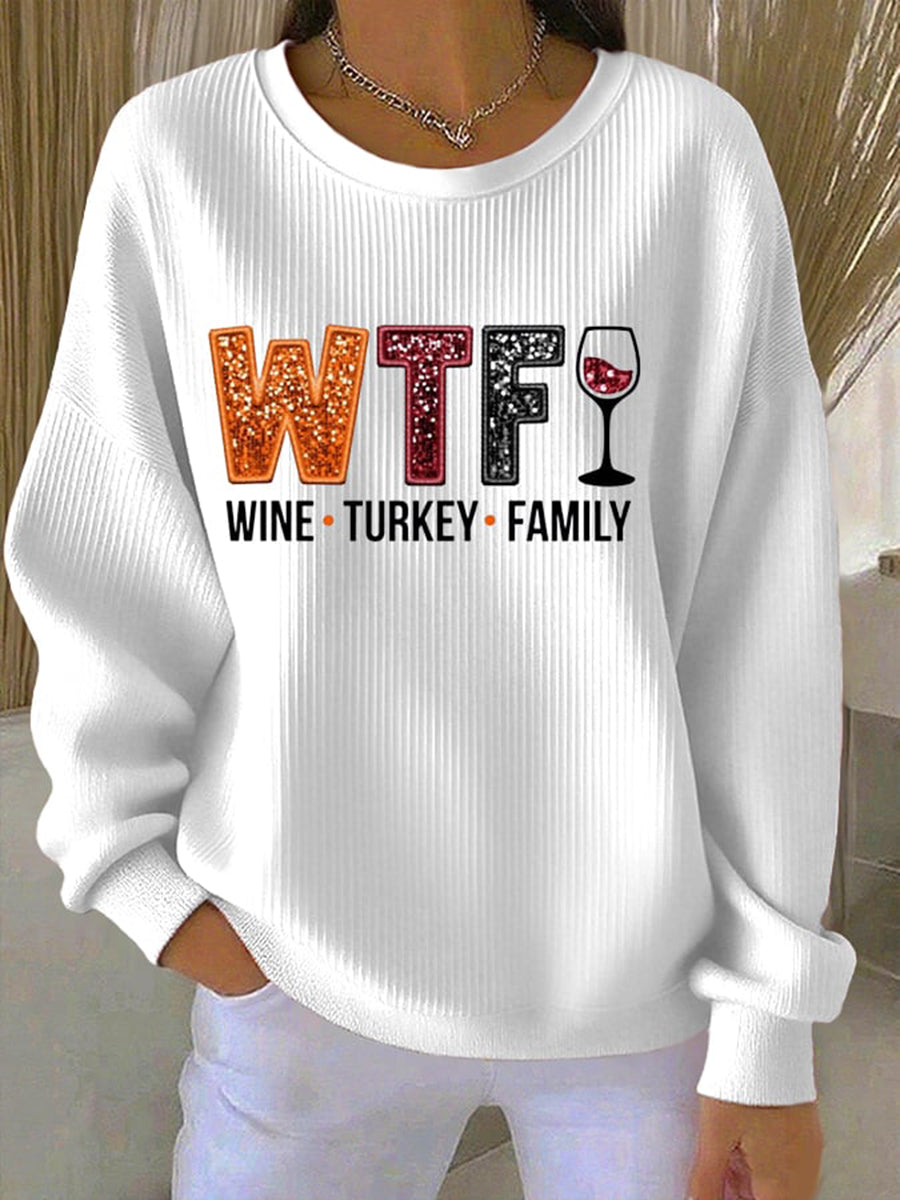 Beige relaxed-fit sweatshirt with festive Thanksgiving graphic print, cozy soft fabric for autumn