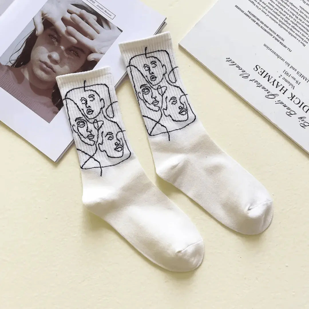 Multicolor abstract face line art crew socks with bold artistic print for expressive everyday style