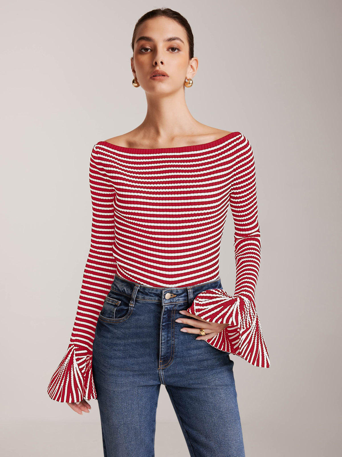 Women's striped ruffle sleeve knit top elegant cold shoulder design flattering regular fit
