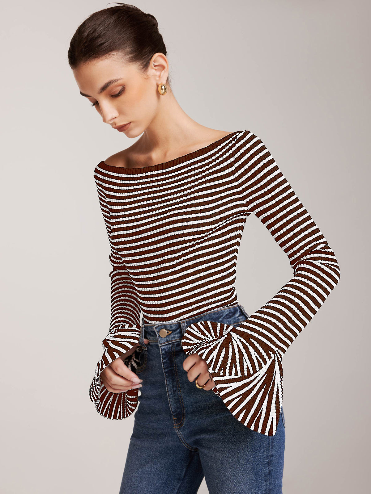 Women's striped ruffle sleeve knit top cold shoulder elegant regular fit high stretch