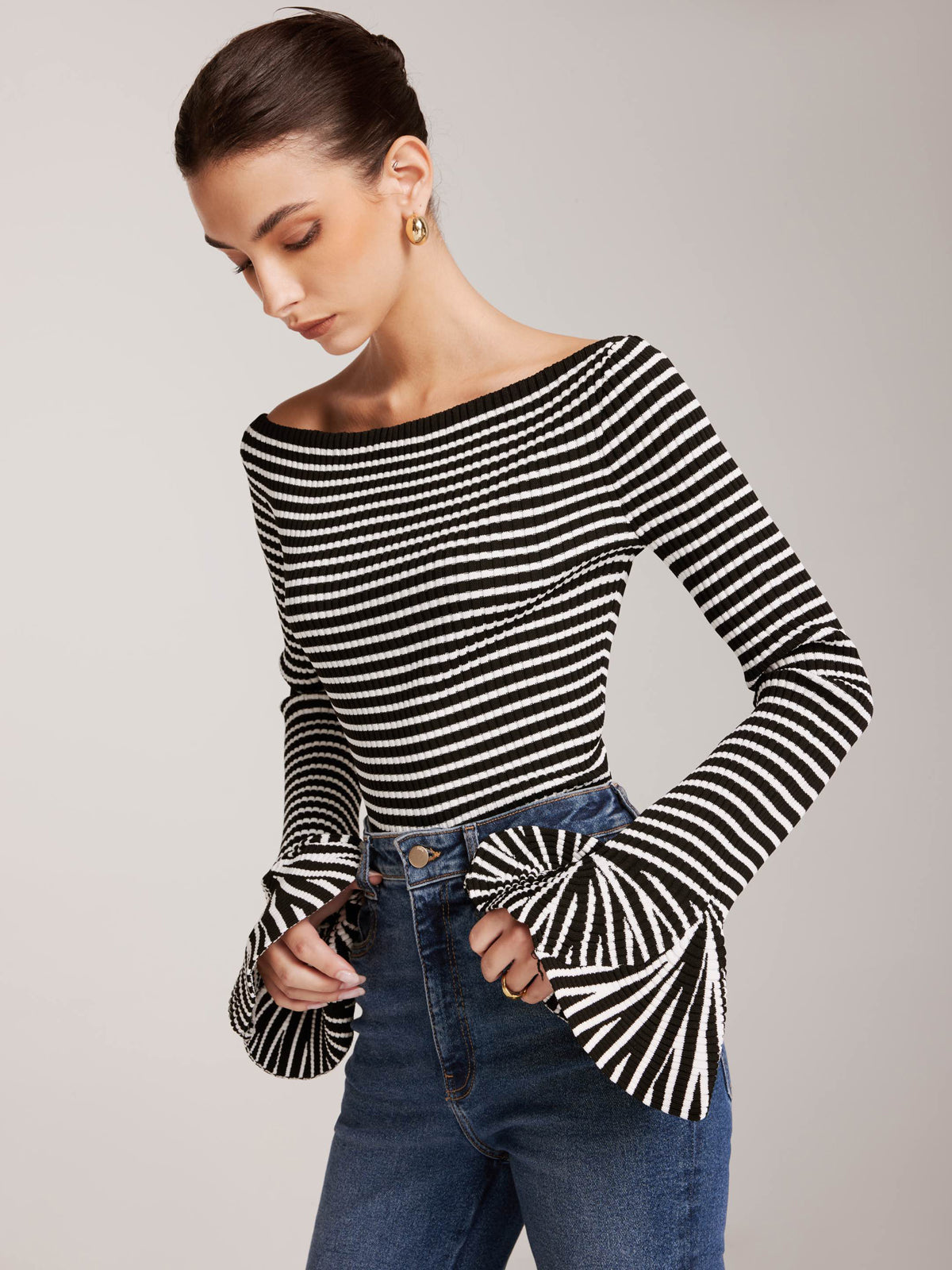 Women's striped ruffle sleeve knit top elegant cold shoulder design flattering regular fit