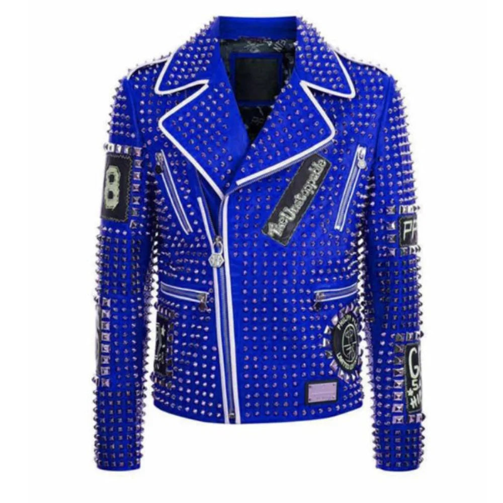 Men's black and blue studded leather biker jacket with bold silver zipper hardware and moto-inspired cut