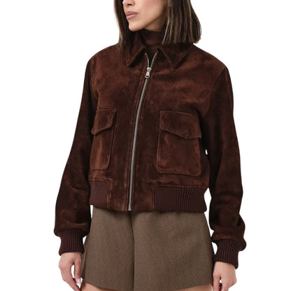 Women's camel brown suede bomber jacket with soft viscose lining, versatile premium outerwear