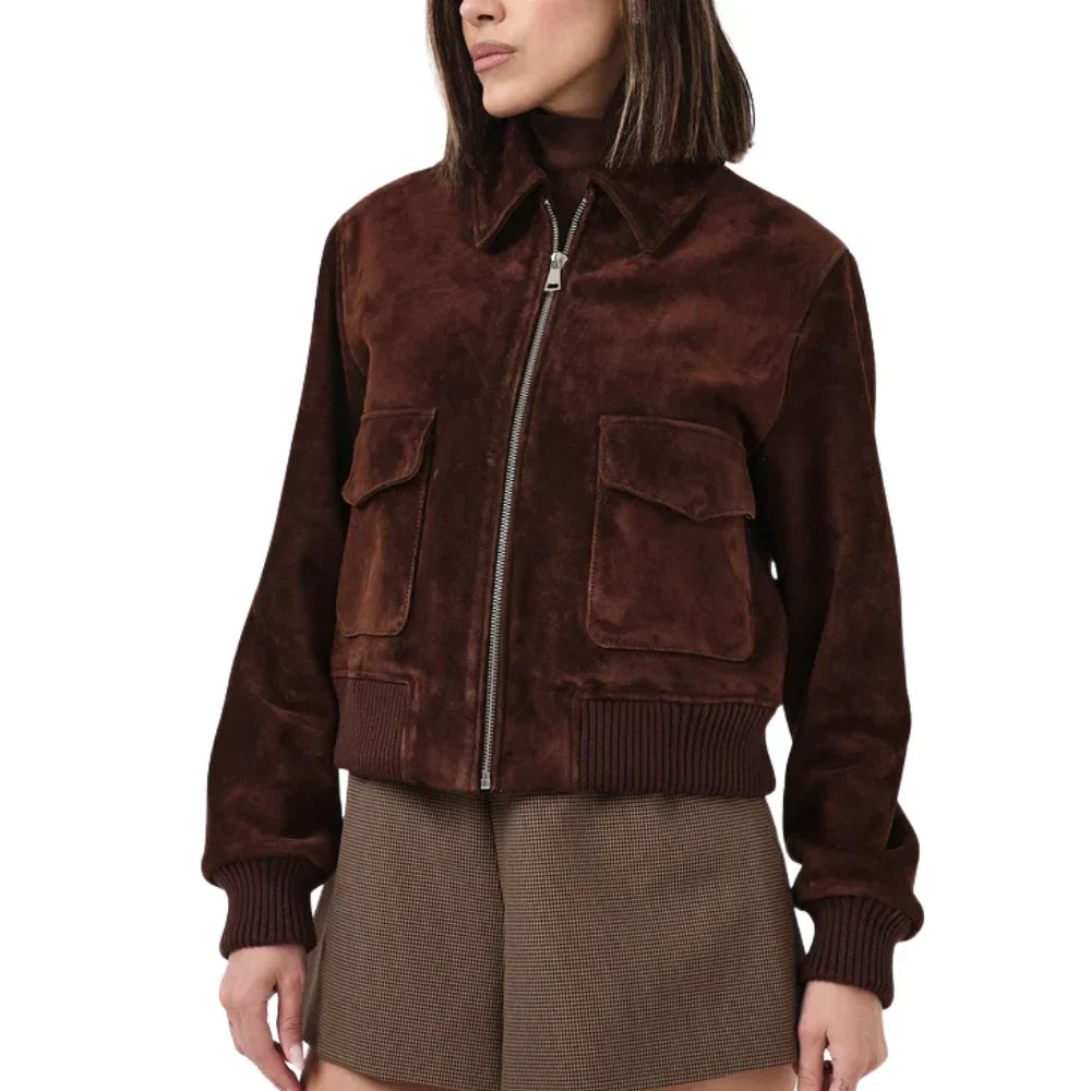 Women's camel brown suede bomber jacket with soft viscose lining and classic zip-front closure