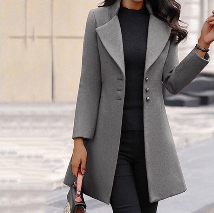Women's long tailored single-breasted coat by Nordic Flair with button closure for work and everyday wear