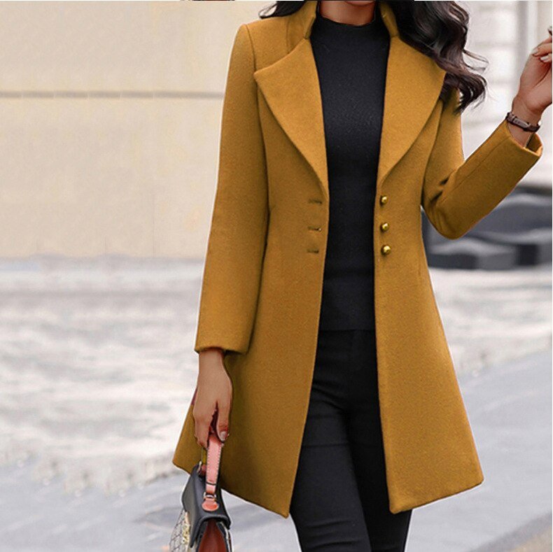 Women's long tailored single-breasted coat in classic Nordic Flair style with elegant button front closure