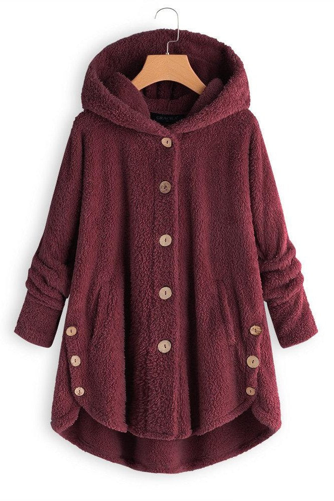 Women's oversized mid-length sherpa coat in cozy plush texture with hooded button-front design