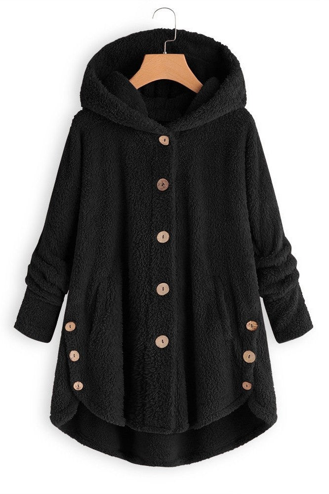 Women's oversized mid-length sherpa coat in cozy plush texture with hooded button-front design