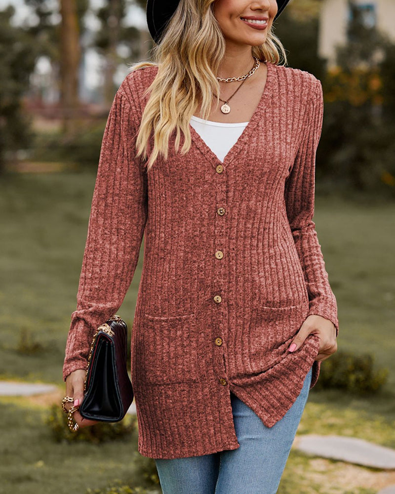 Women's cozy knit long sleeve cardigan warm elegant fit with thick textured elastic trim