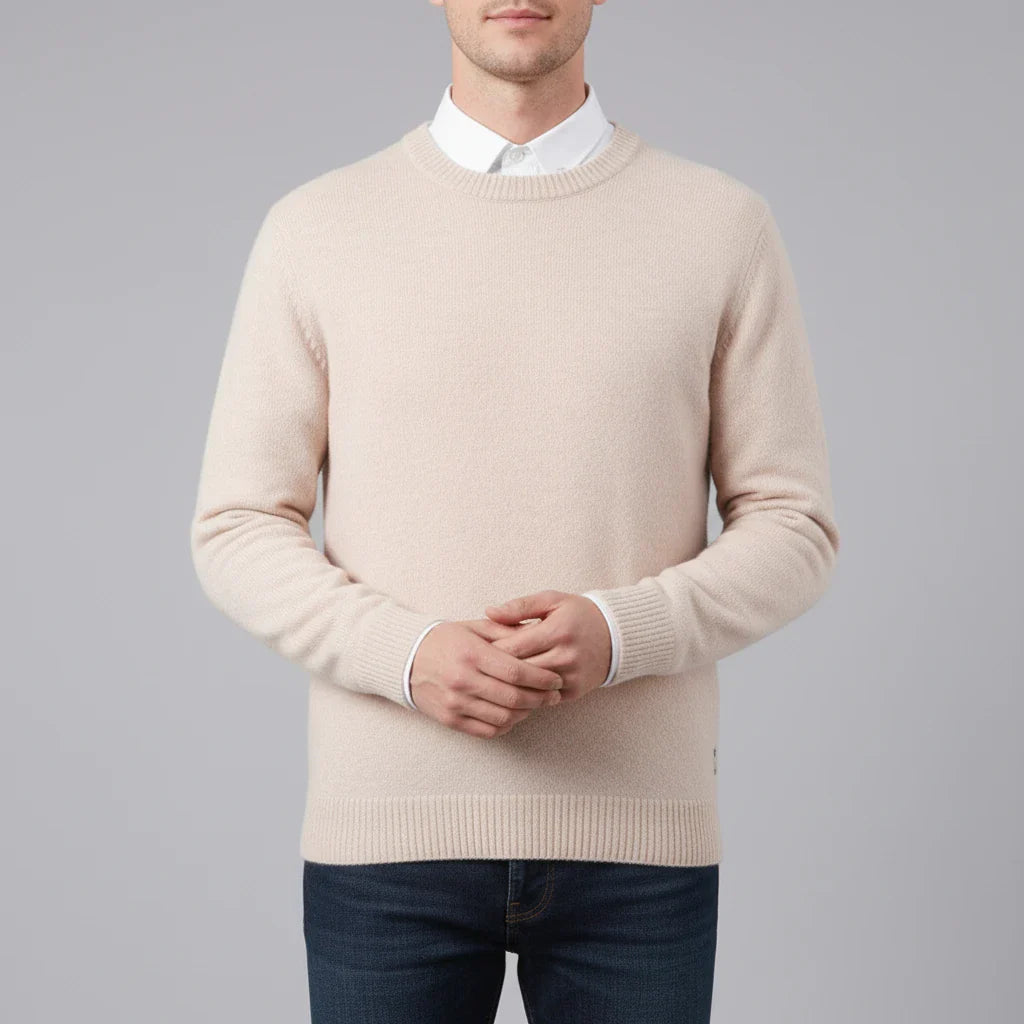 Men's light blue crew neck knit sweater regular fit with ribbed cuffs, timeless wardrobe essential