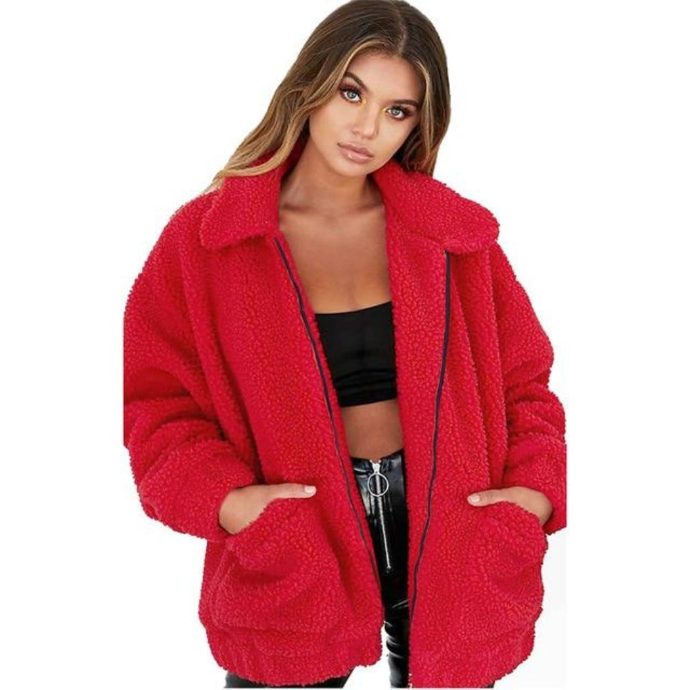 Women's oversized plush fleece coat with zip front and high collar for casual cozy style