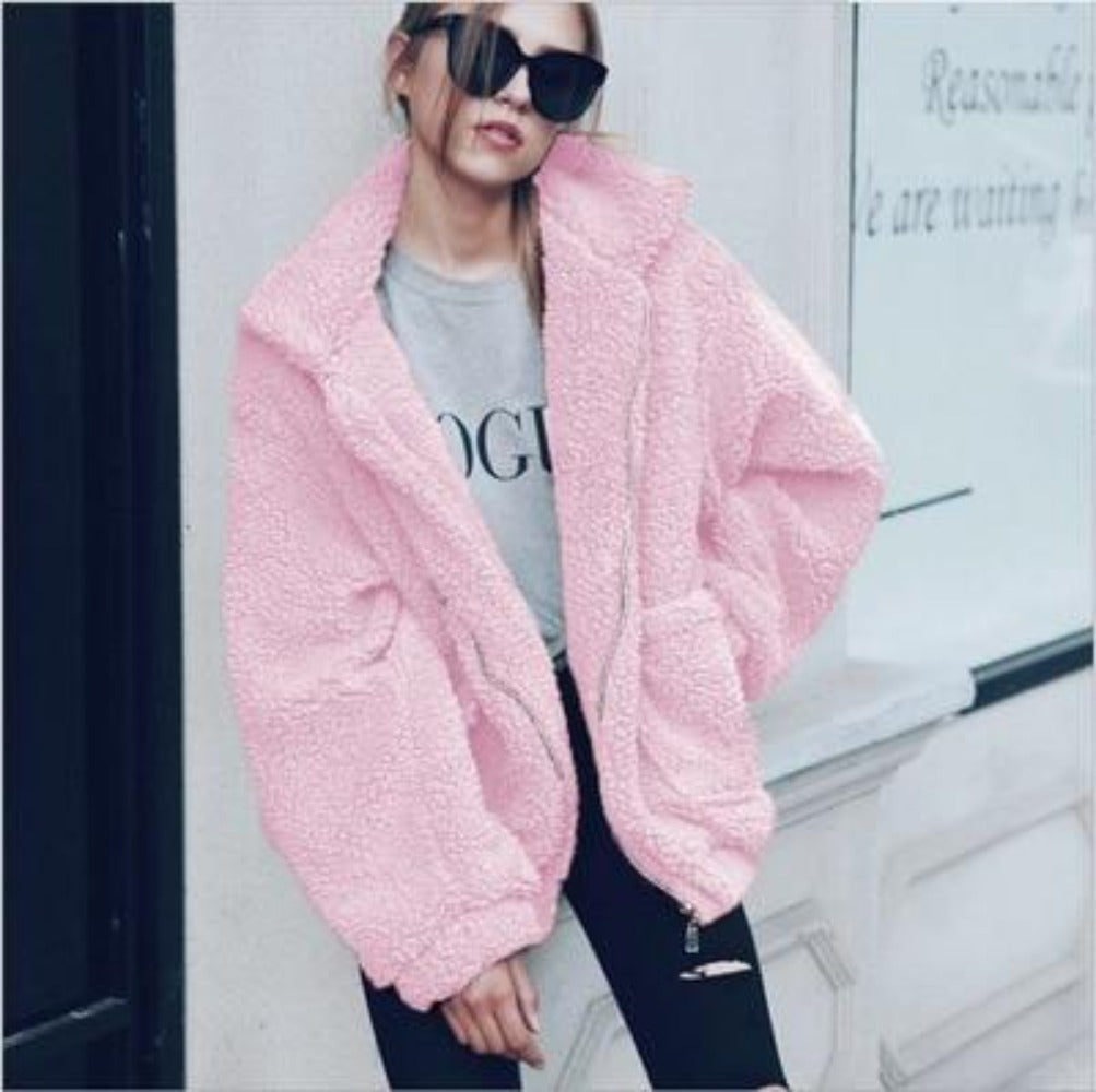 Women's oversized plush fleece coat with zip front and high collar for casual cozy style