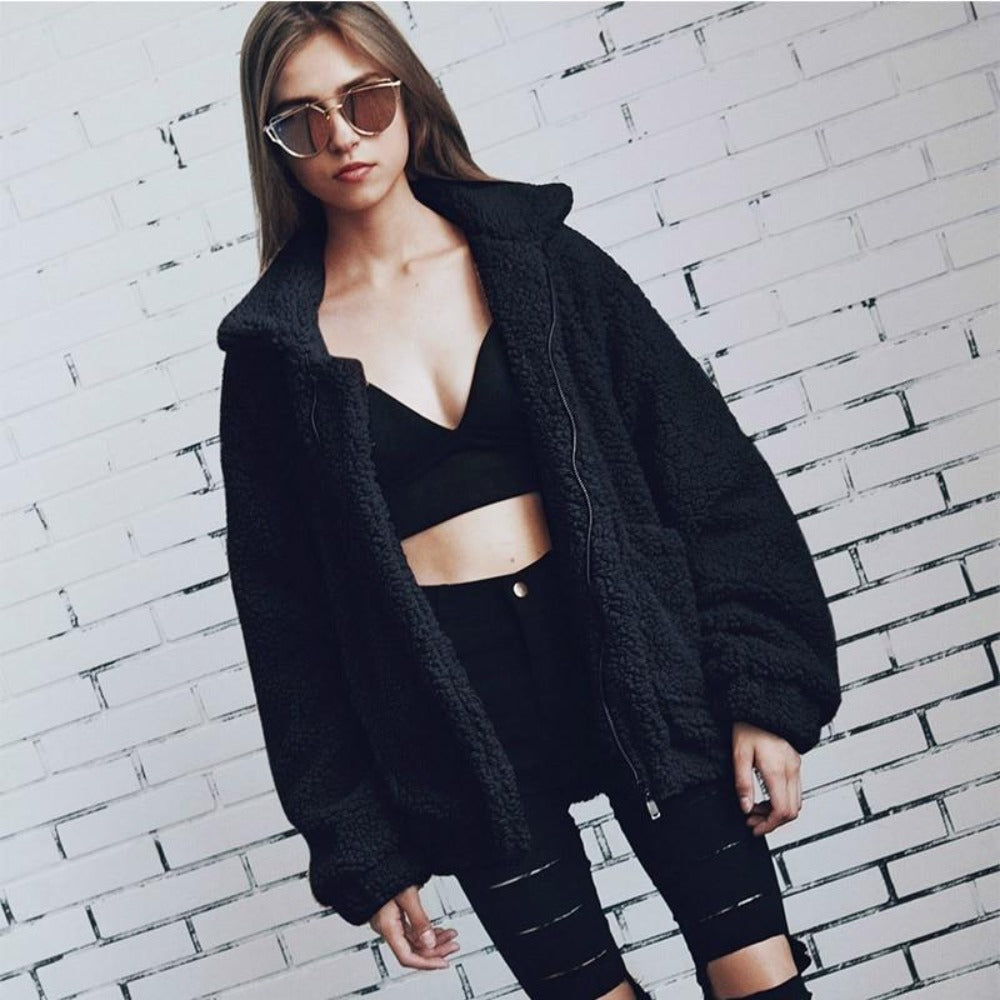 Women's oversized plush fleece coat with zip front and high collar for casual cozy style