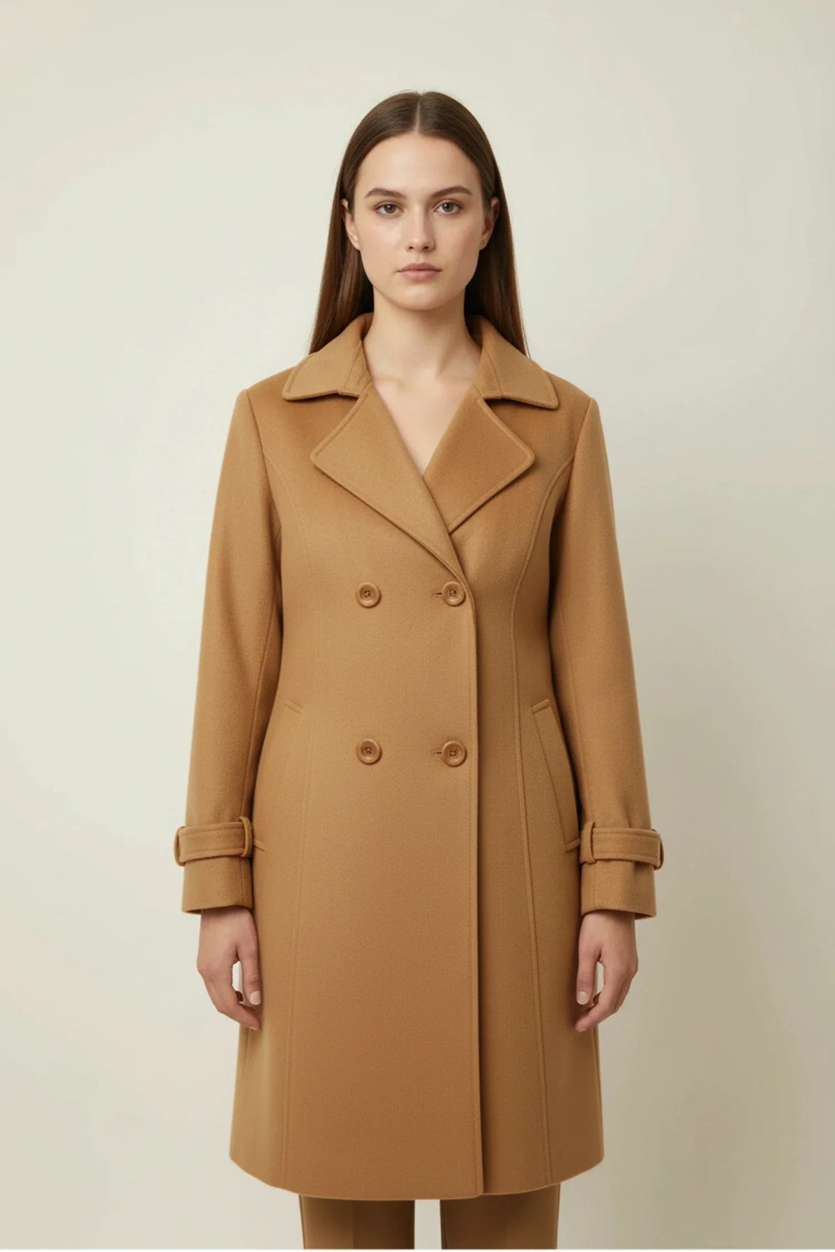 Women's double-breasted mid-length winter coat notched lapel timeless professional silhouette