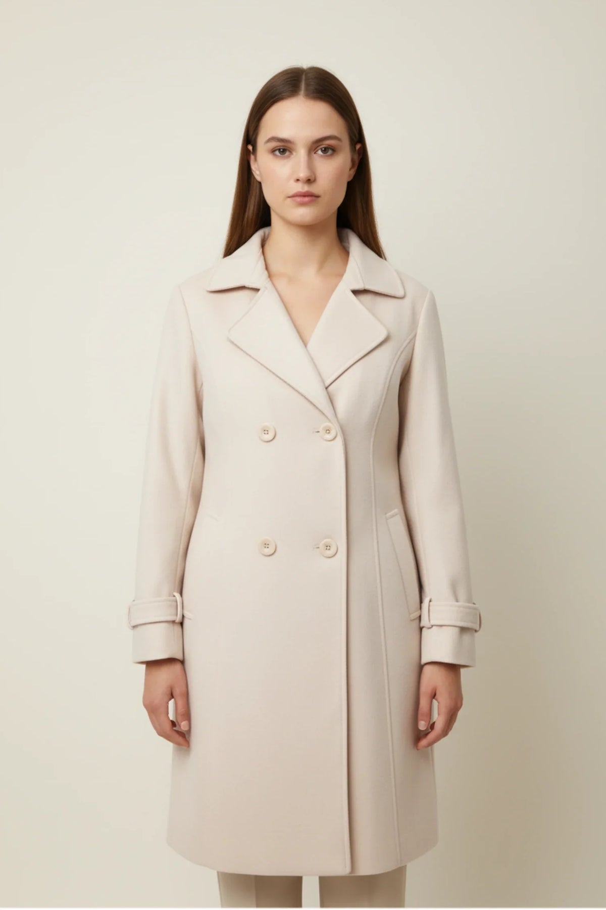 Women's double-breasted mid-length winter coat notched lapel classic button-front professional style