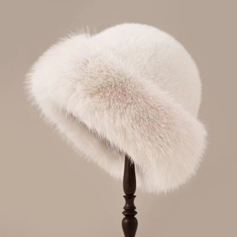 Women's brimless faux fur hat in plush mink-style, thick fuzzy texture for elegant winter warmth