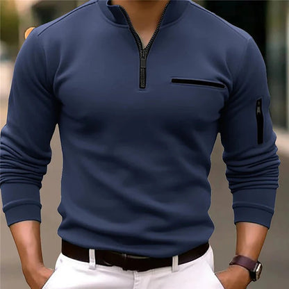 Men's slim fit quarter-zip knit pullover sweater with zipper pocket, long sleeve smart-casual top