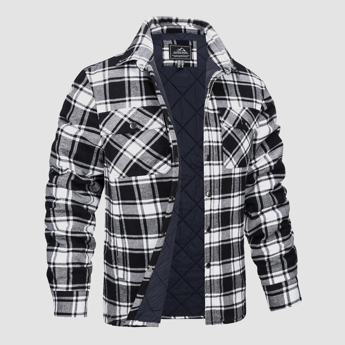 Men's orange charcoal plaid flannel jacket rugged fit with warm quilted lining durable outerwear