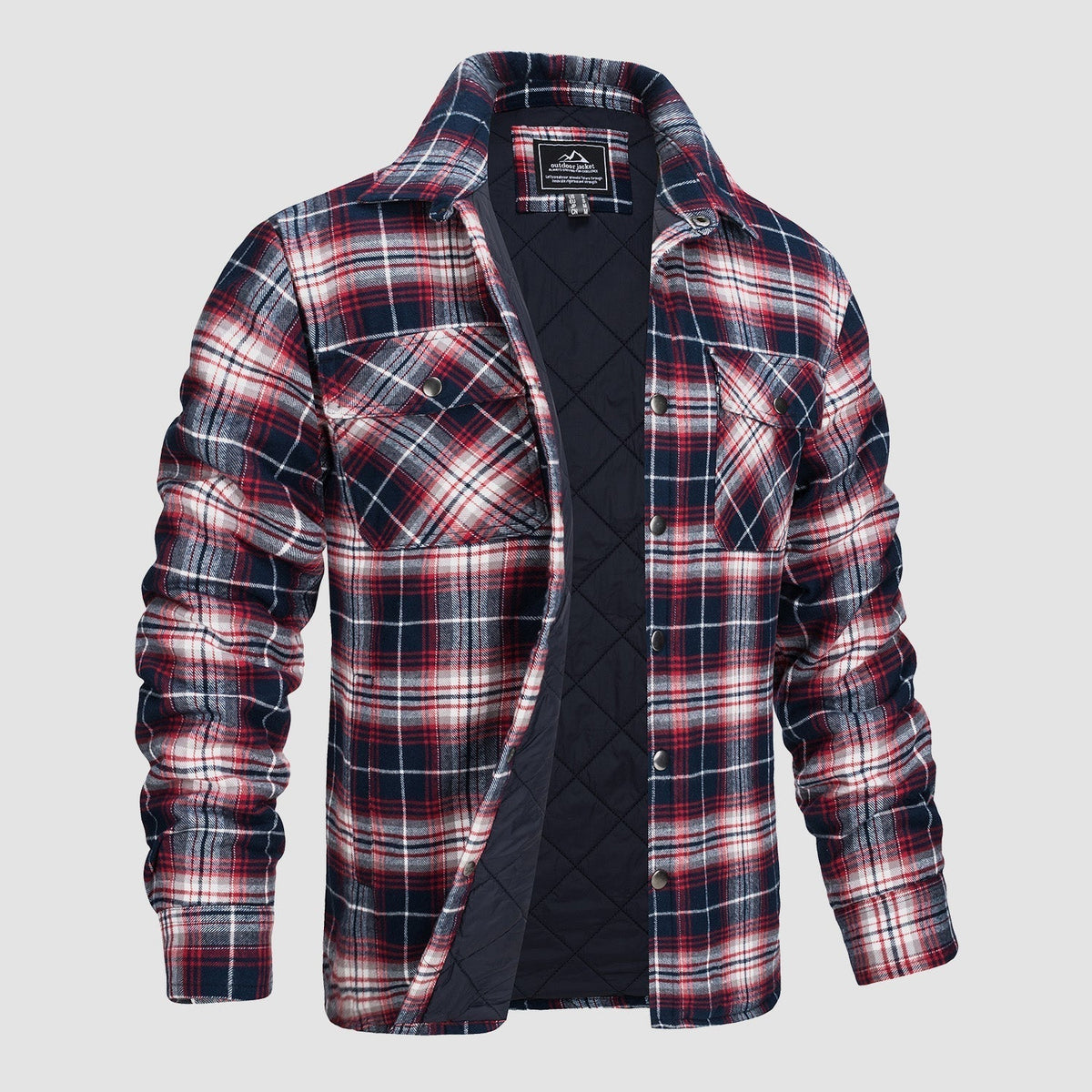 Men's orange charcoal plaid flannel jacket rugged quilted lining durable outdoor shell