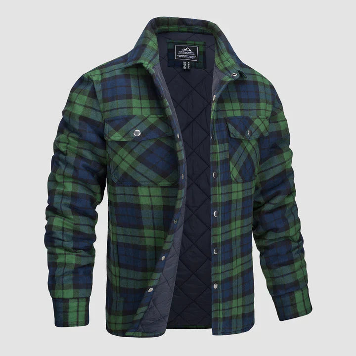 Men's orange charcoal plaid flannel jacket rugged quilted lining durable outdoor layer