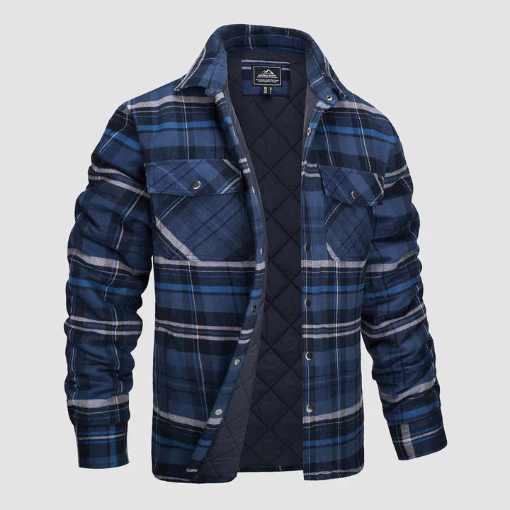 Men's orange charcoal plaid flannel jacket rugged cut with warm quilted lining durable outdoor style