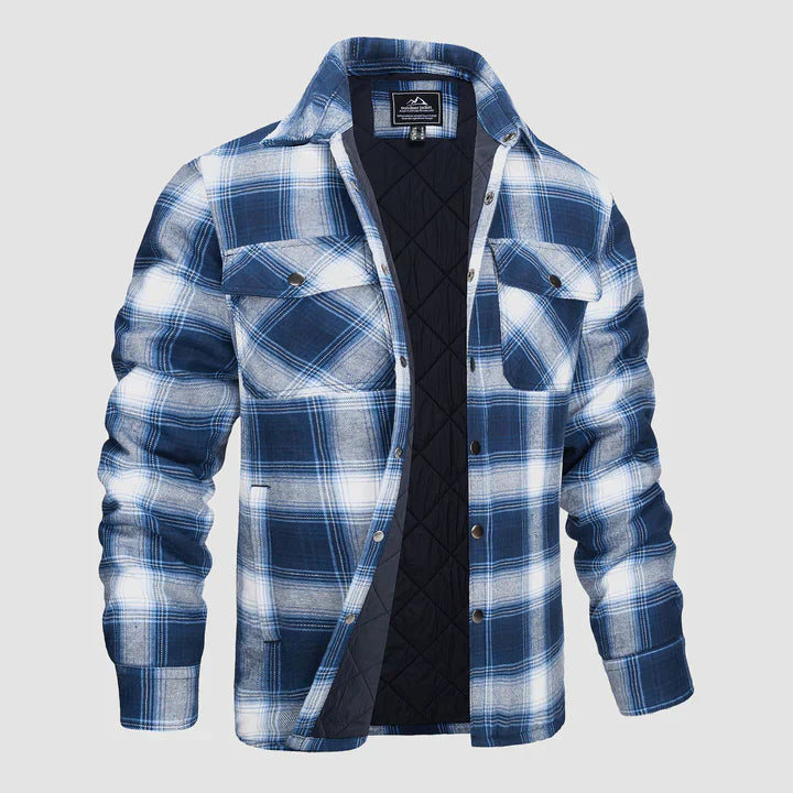 Men's orange charcoal plaid flannel jacket rugged cut with warm quilted lining durable outdoor layer