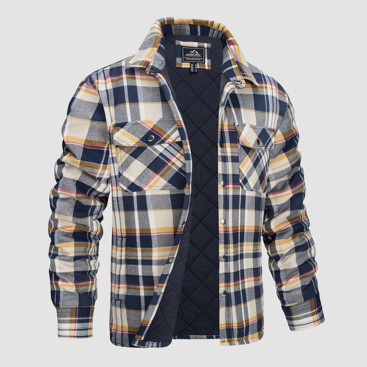 Men's orange charcoal plaid flannel jacket rugged cut with warm quilted lining durable outerwear