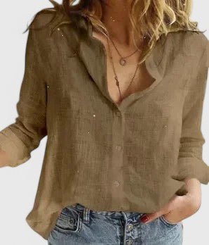 Women's linen button-down shirt with soft wavy lapel collar, relaxed polished fit everyday essential