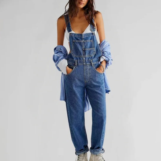 Women's sleeveless denim jumpsuit full-length blue one-piece with front zipper day-to-night style