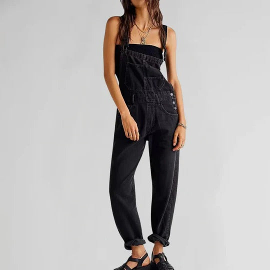 Women's sleeveless full-length denim jumpsuit with front zipper, versatile day-to-night one-piece