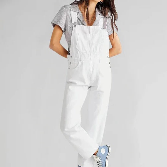 Women's sleeveless denim jumpsuit in blue, full-length straight leg cut with front zipper closure