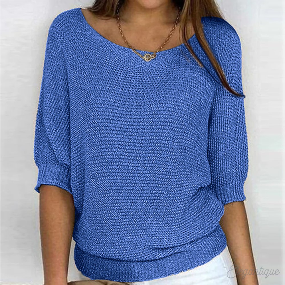 Women's loose-fit knit sweater, wide boat neck, 3/4 sleeves, ribbed edges, Nordic-inspired style