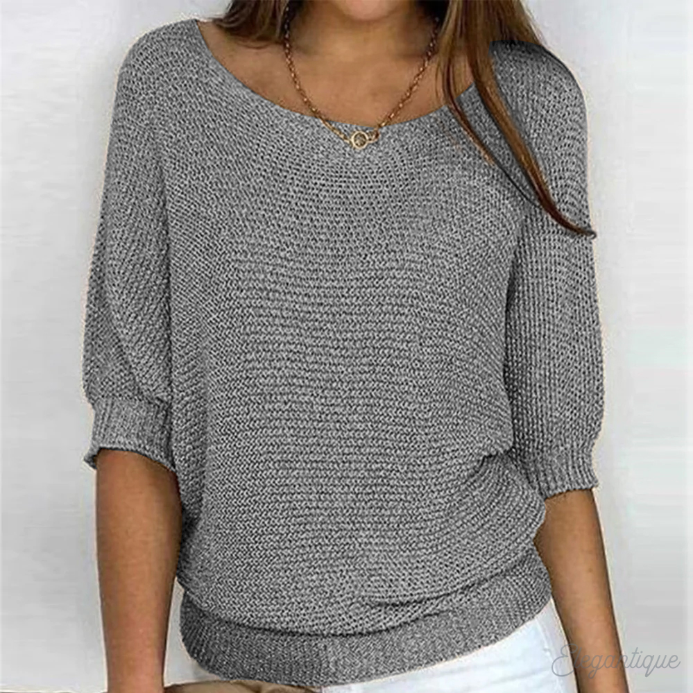 Women's loose fit knit sweater wide boat neck 3/4 sleeves ribbed edges Nordic style