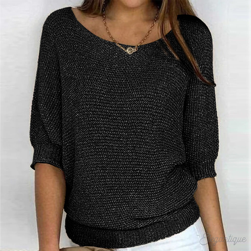 Women's loose fit knit sweater wide boat neck 3/4 sleeves ribbed edges Nordic style