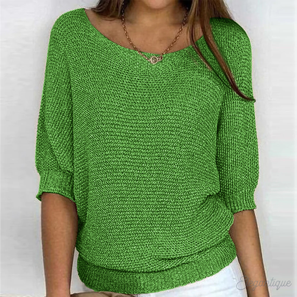 Women's loose fit knit sweater wide boat neck 3/4 sleeves ribbed edges Nordic style