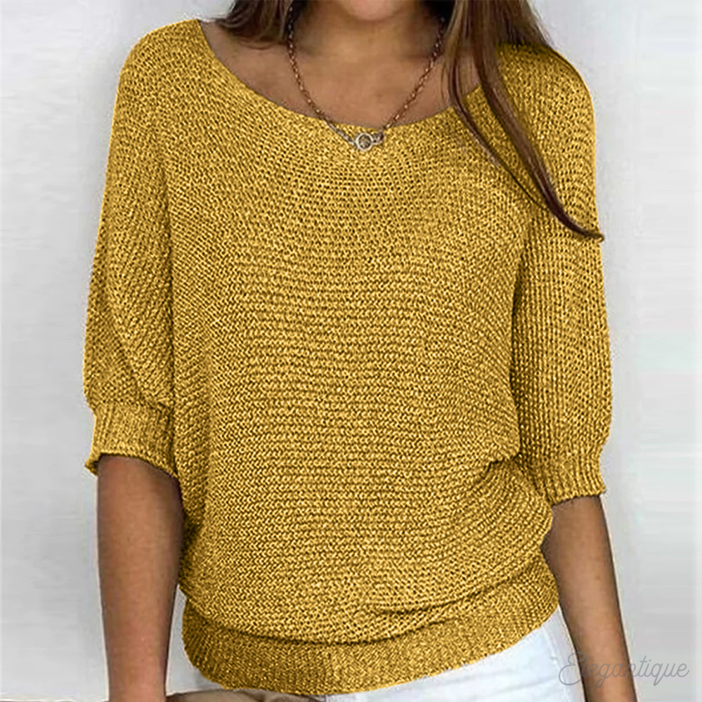 Women's loose fit knit sweater wide boat neck 3/4 sleeves ribbed edges Nordic style