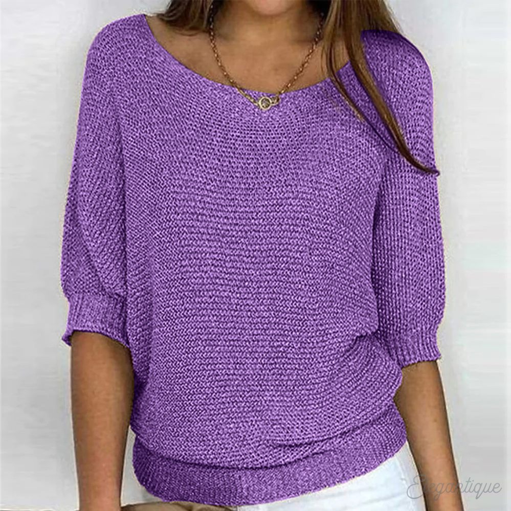 Women's loose fit knit sweater wide boat neck 3/4 sleeves ribbed edges Nordic style