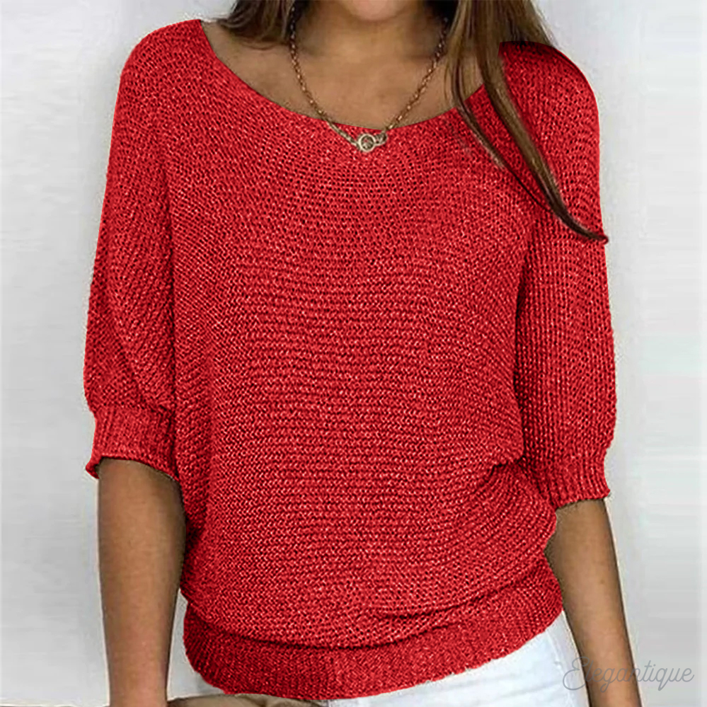 Women's loose fit knit sweater wide boat neck 3/4 sleeves ribbed edges Nordic style