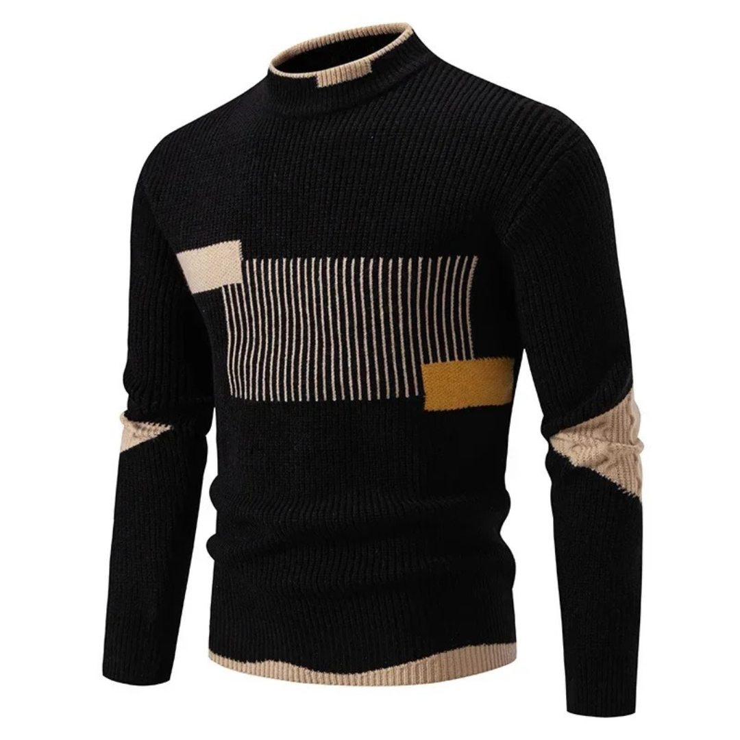 Men's geometric pattern crewneck knit sweater with ribbed texture and long sleeves, acrylic blend