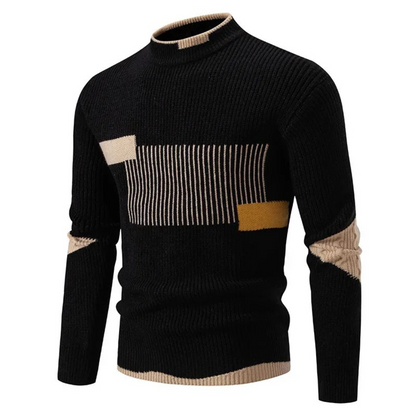 Men's geometric pattern crewneck knit sweater with ribbed texture and long sleeves, acrylic blend