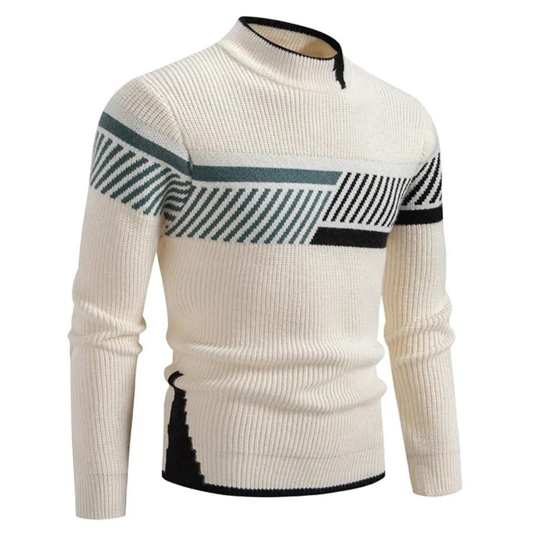 Men's geometric pattern crewneck knit sweater with ribbed texture and long sleeves, acrylic blend