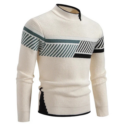 Men's geometric pattern crewneck knit sweater with ribbed texture and long sleeves, acrylic blend